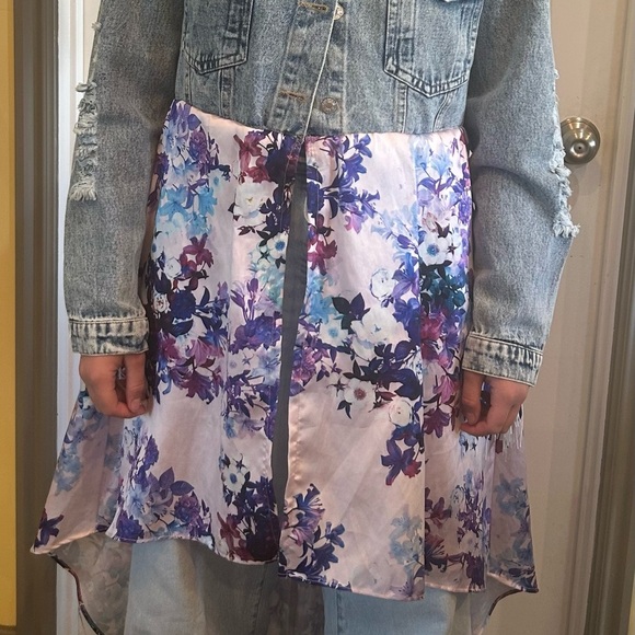 Denim Fringe Jacket Up-Cycles with Floral Dress. - Picture 2 of 3